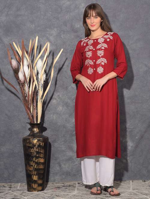 women embroidered three quarter sleeve straight kurta - 21627438 -  Standard Image - 0