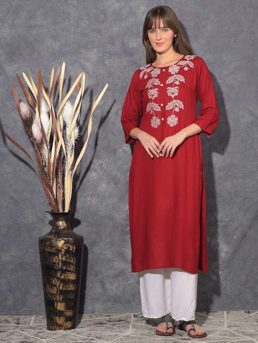 women embroidered three quarter sleeve straight kurta - 21627438 -  Zoom Image - 0