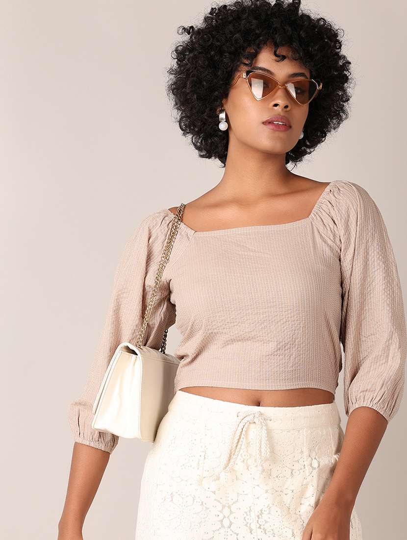 women beige self design crop top - 21627467 -  Standard Image - 1