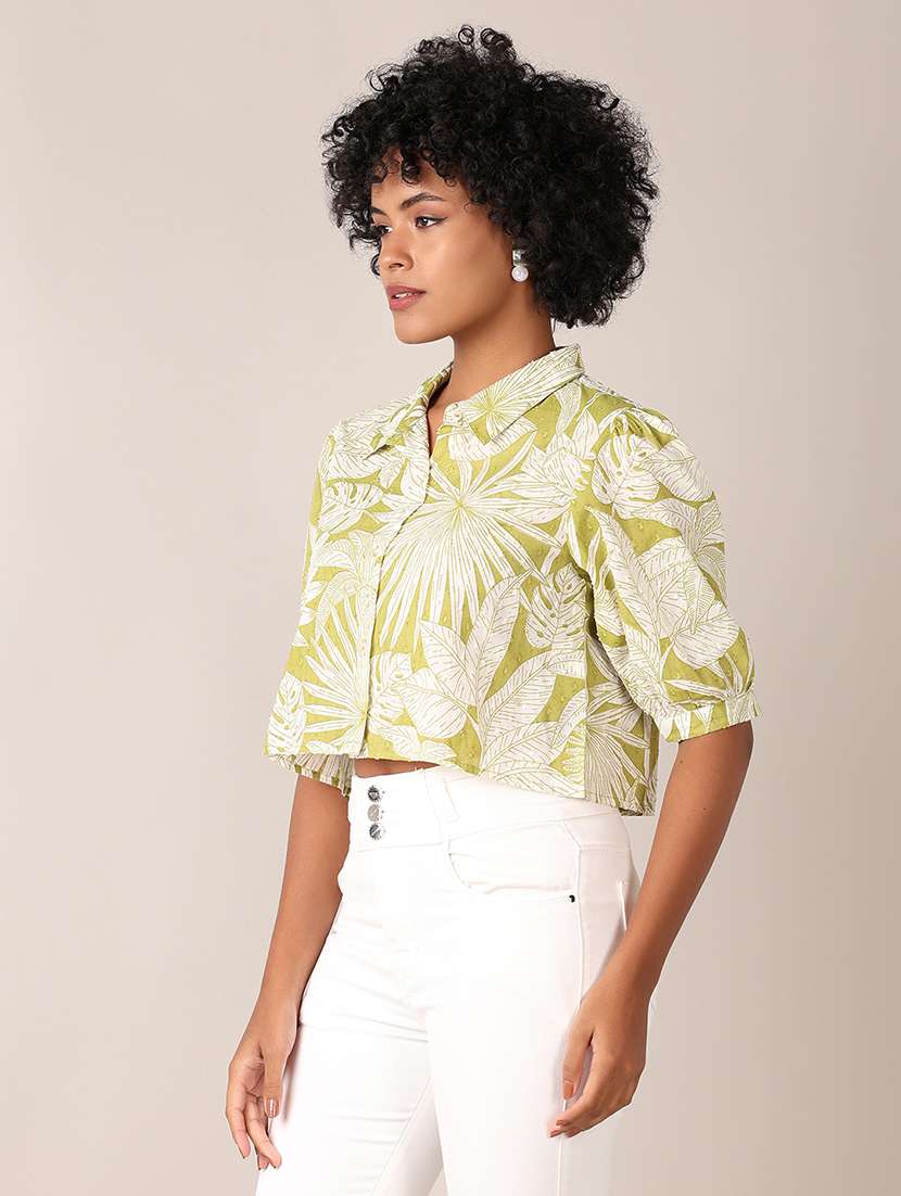 women lime floral short sleeve crop shirt - 21627469 -  Standard Image - 1