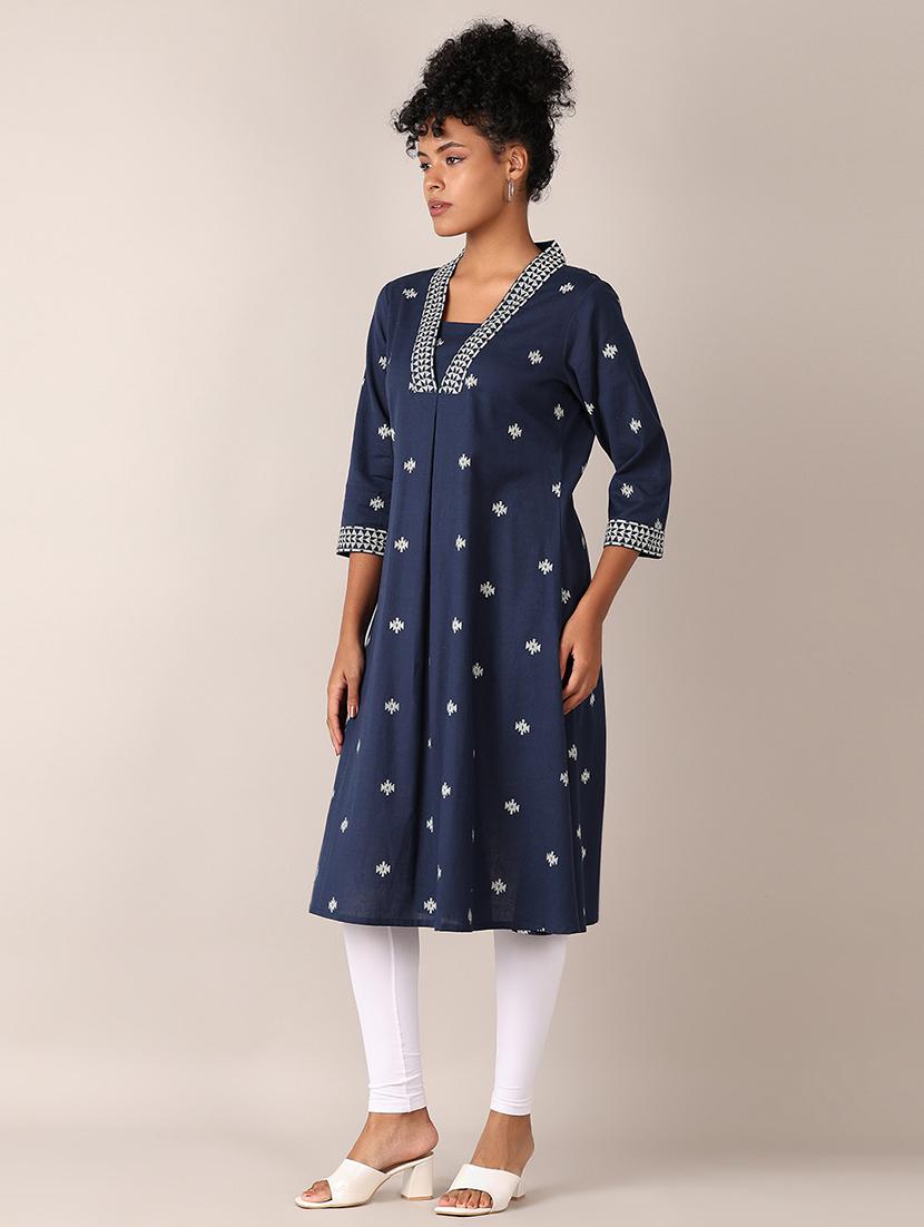 women blue printed v neck a-line kurta - 21627486 - Standard Image - 1
