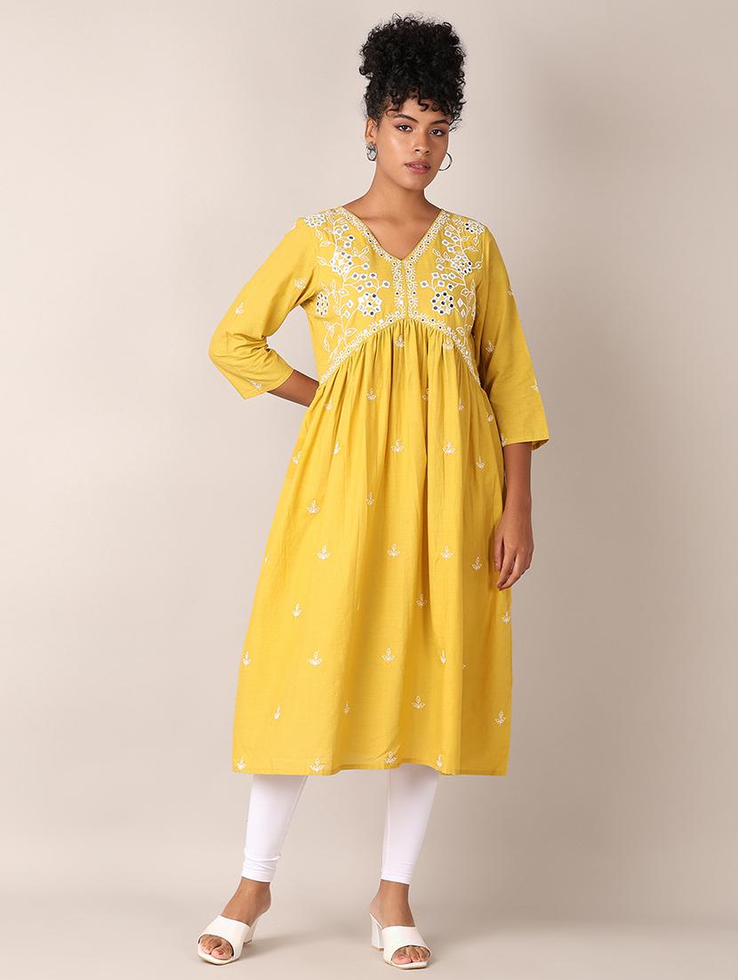 women yellow embroidered v neck flared kurta - 21627489 -  Standard Image - 1