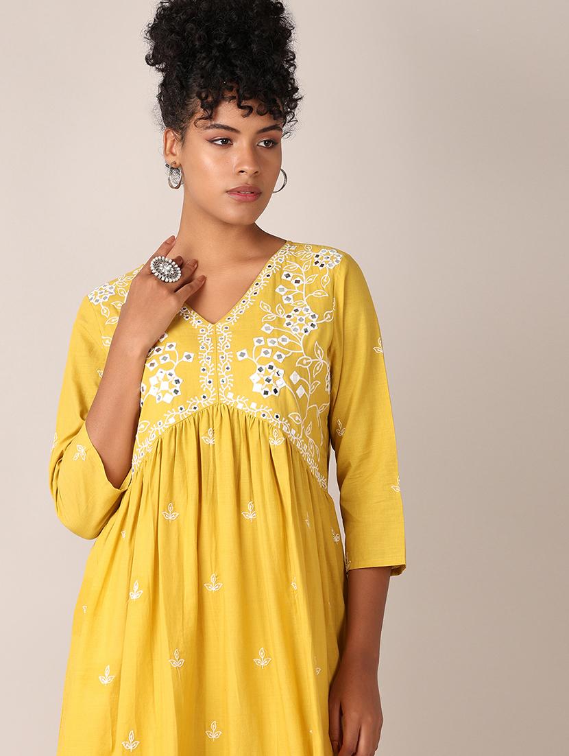 women yellow embroidered v neck flared kurta - 21627489 - Standard Image - 4