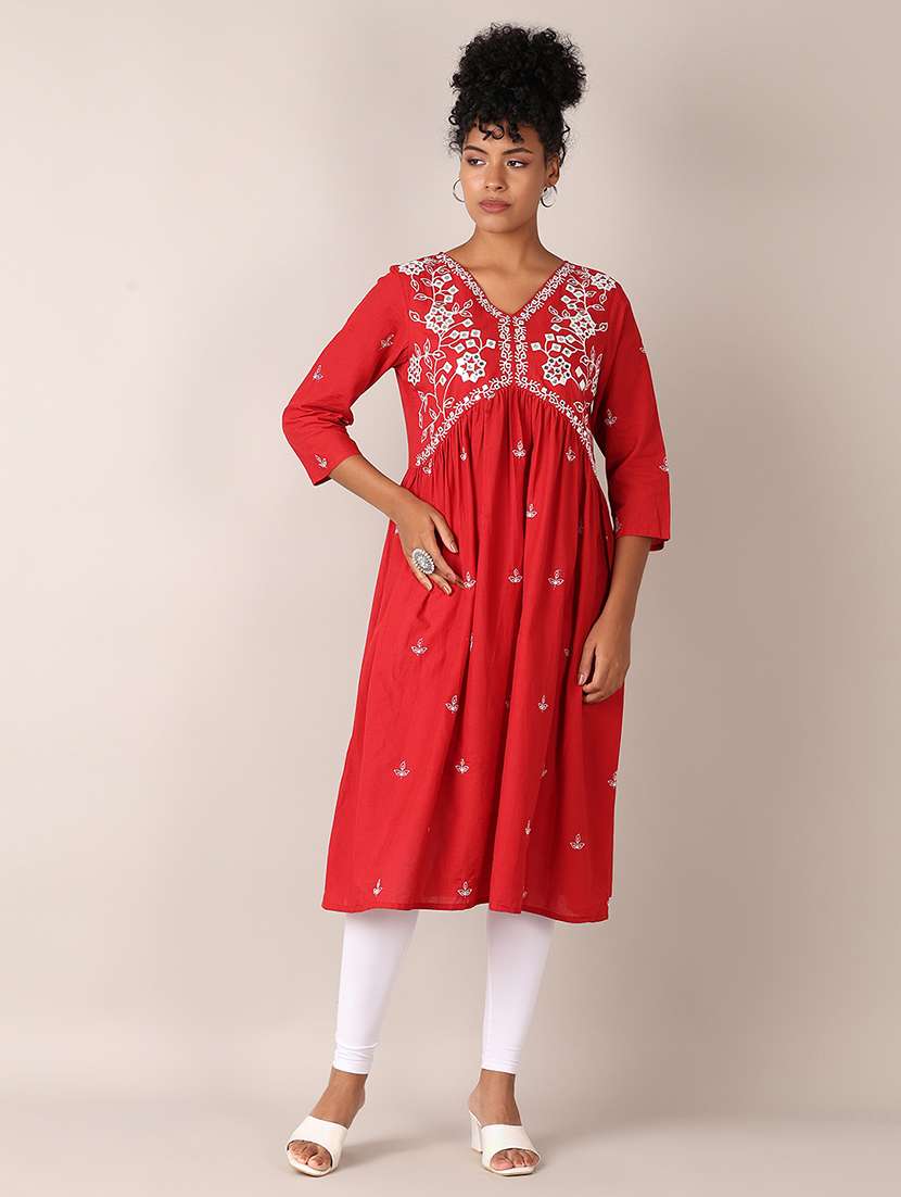women red embroidered v neck flared kurta - 21627490 -  Standard Image - 1