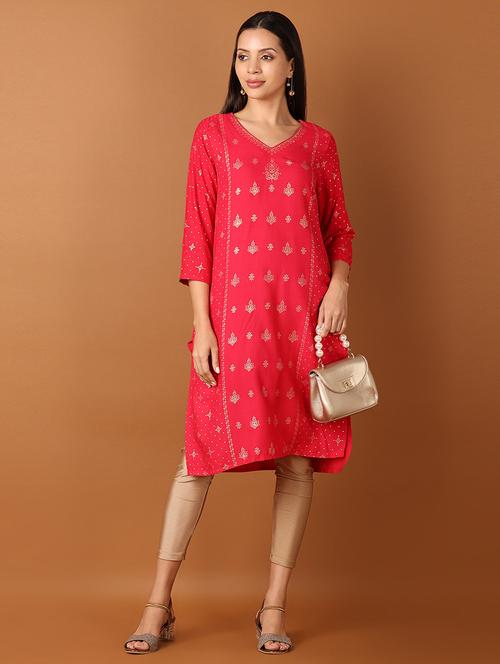 women pink printed v neck straight kurta - 21627492 - Standard Image - 0
