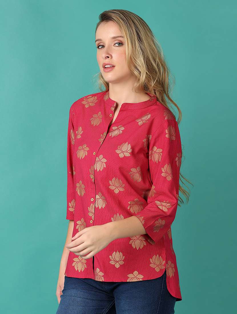 women foil print mandarin neck high low top - 21627520 -  Standard Image - 1