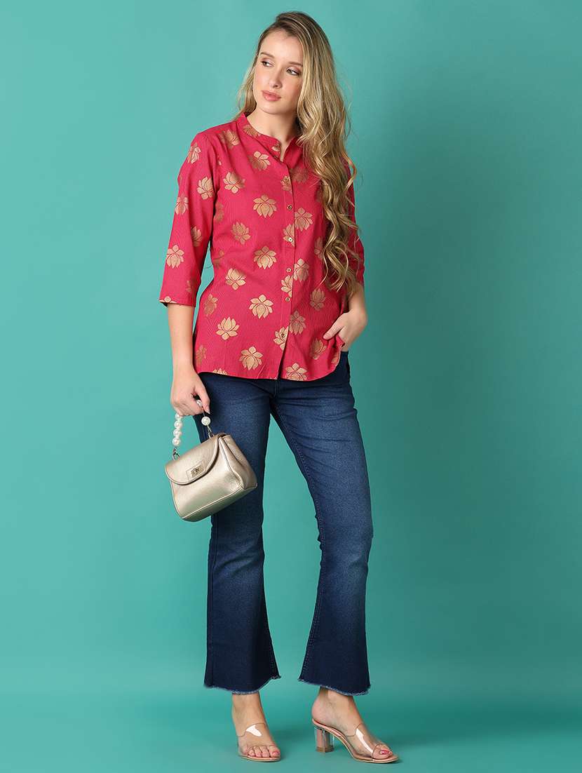 women foil print mandarin neck high low top - 21627520 - Standard Image - 4