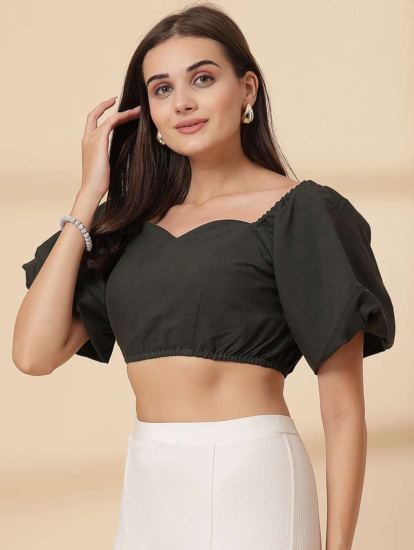 women solid puff sleeve crop top - 21628376 -  Standard Image - 1