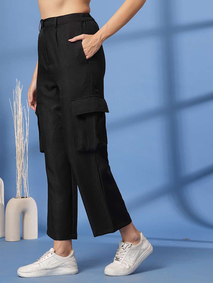 women solid high rise relaxed fit cargo - 21628393 -  Standard Image - 1