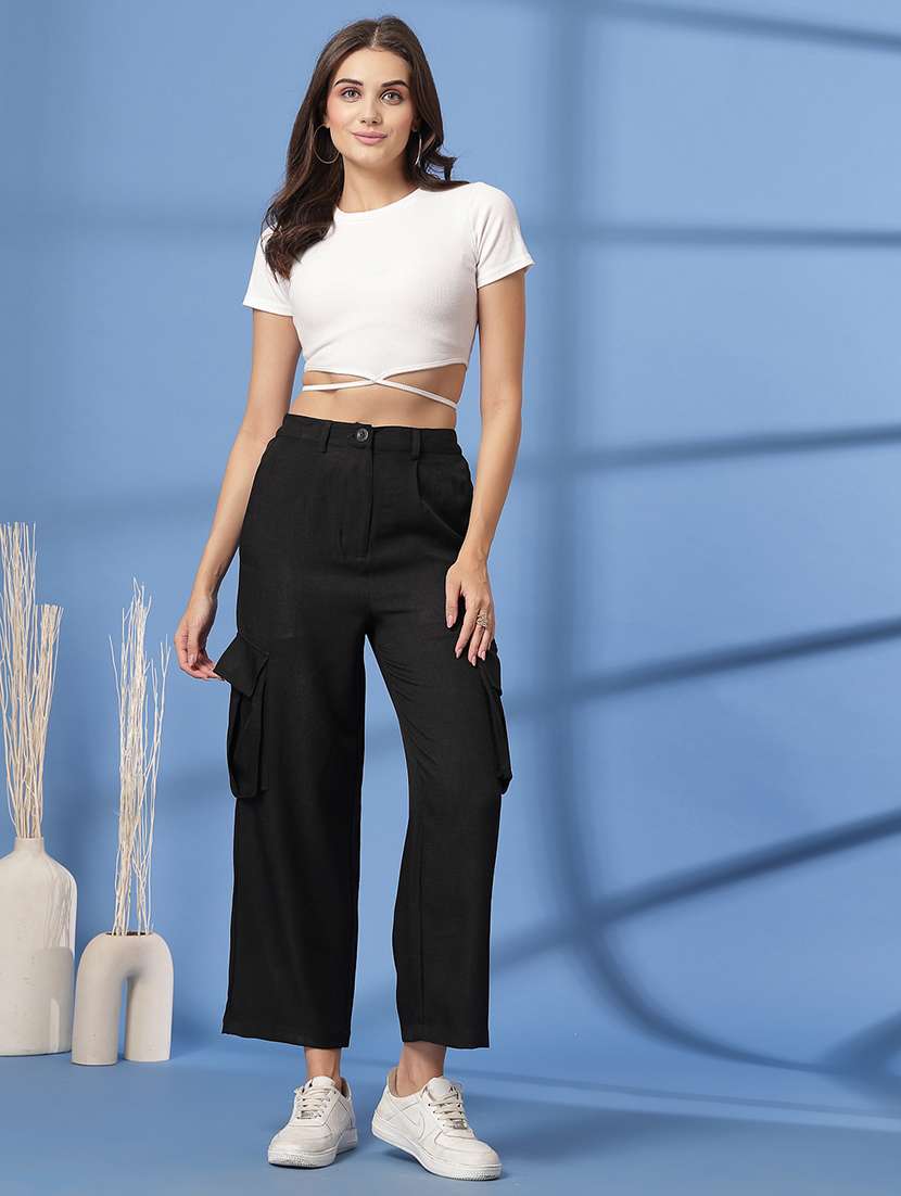 women solid high rise relaxed fit cargo - 21628393 -  Standard Image - 4