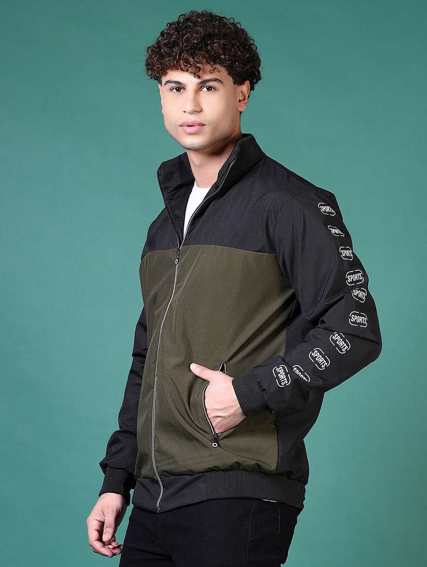 men olive color block long sleeve casual jacket - 21628489 -  Standard Image - 1