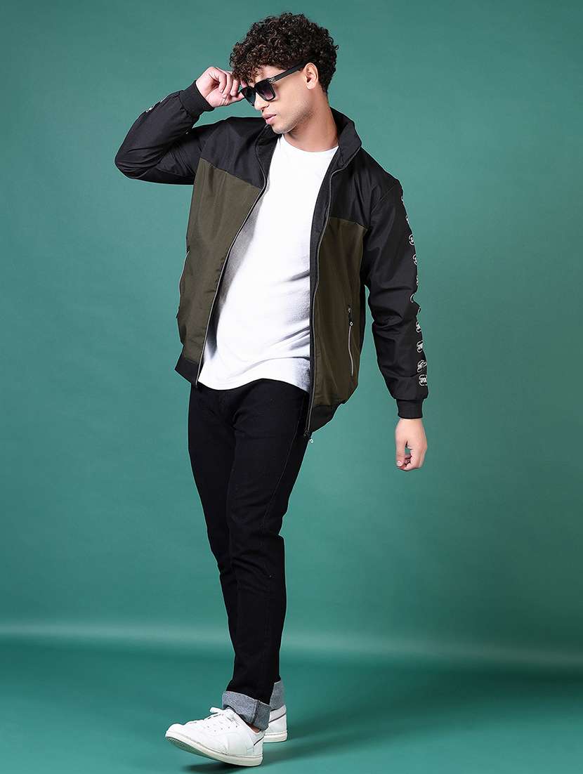 men olive color block long sleeve casual jacket - 21628489 -  Standard Image - 4