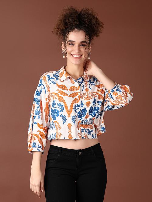 women printed three quarter sleeve crop top - 21628514 - Standard Image - 0