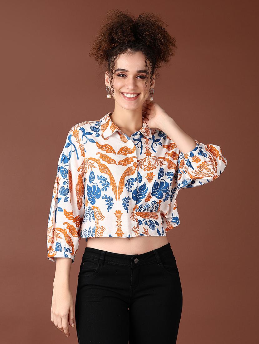 women printed three quarter sleeve crop top - 21628514 - Zoom Image - 0