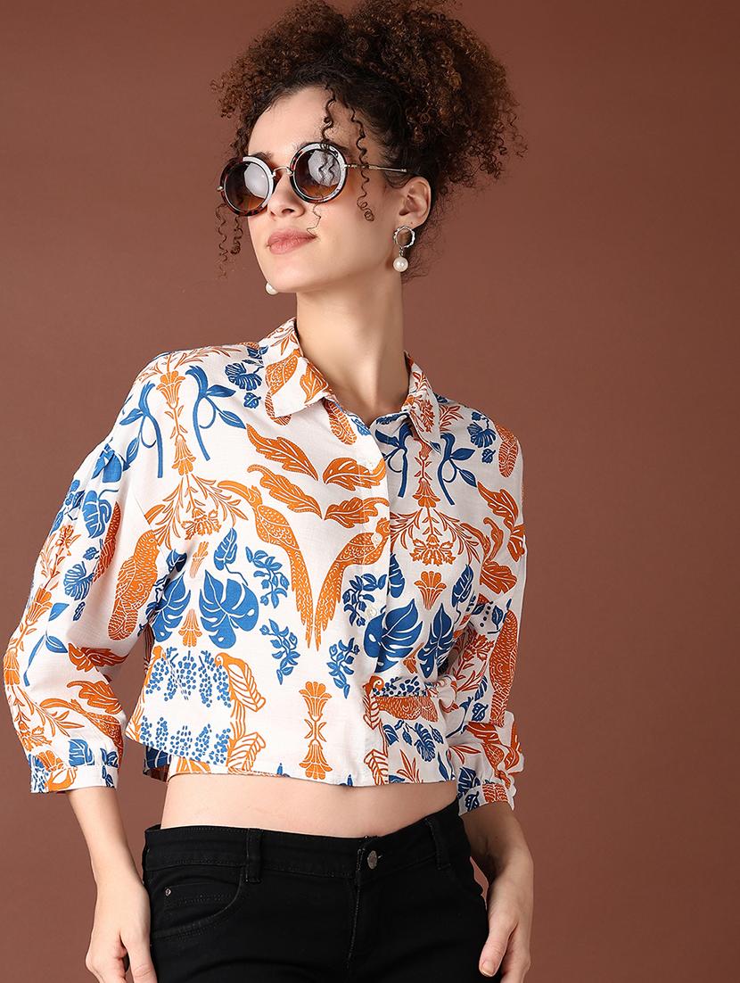 women printed three quarter sleeve crop top - 21628514 -  Standard Image - 1