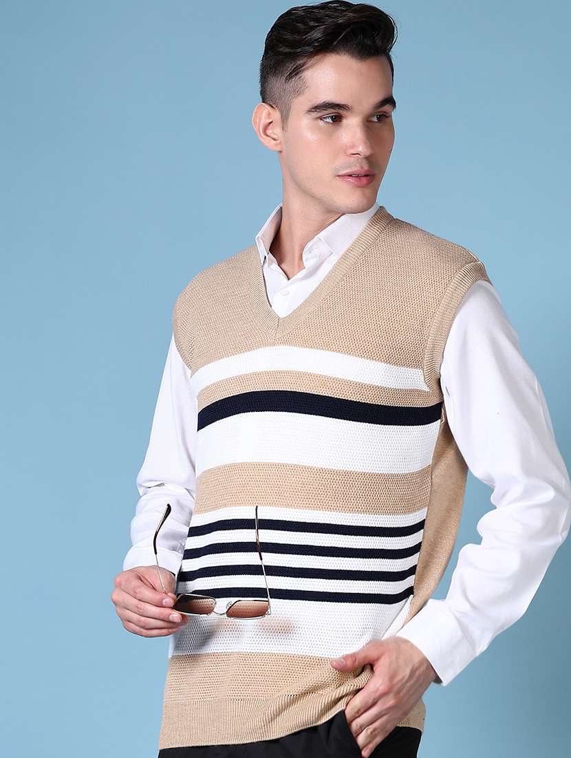 men beige self design sleeveless pullover - 21628518 -  Standard Image - 1