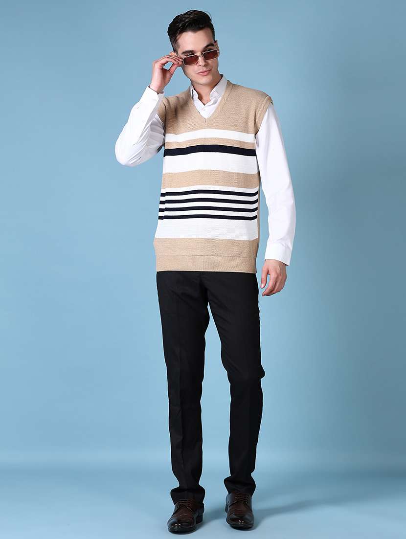 men beige self design sleeveless pullover - 21628518 -  Standard Image - 4