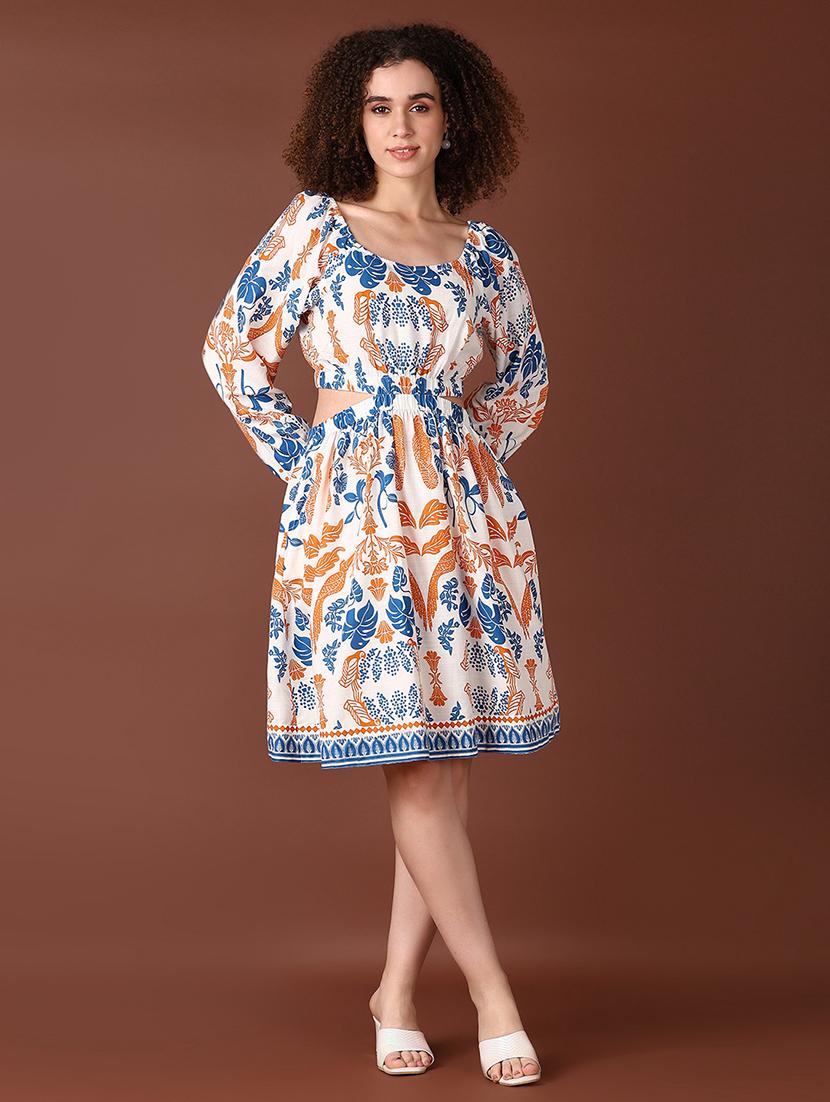 women white printed long sleeve cut out detailed dress - 21628520 - Zoom Image - 0