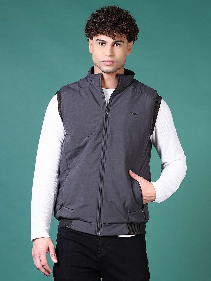 men grey solid sleeveless bomber jacket