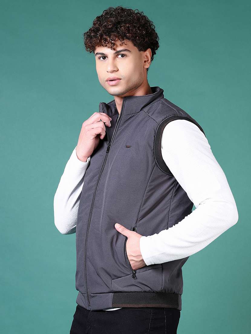 men grey solid sleeveless bomber jacket - 21628962 -  Standard Image - 1