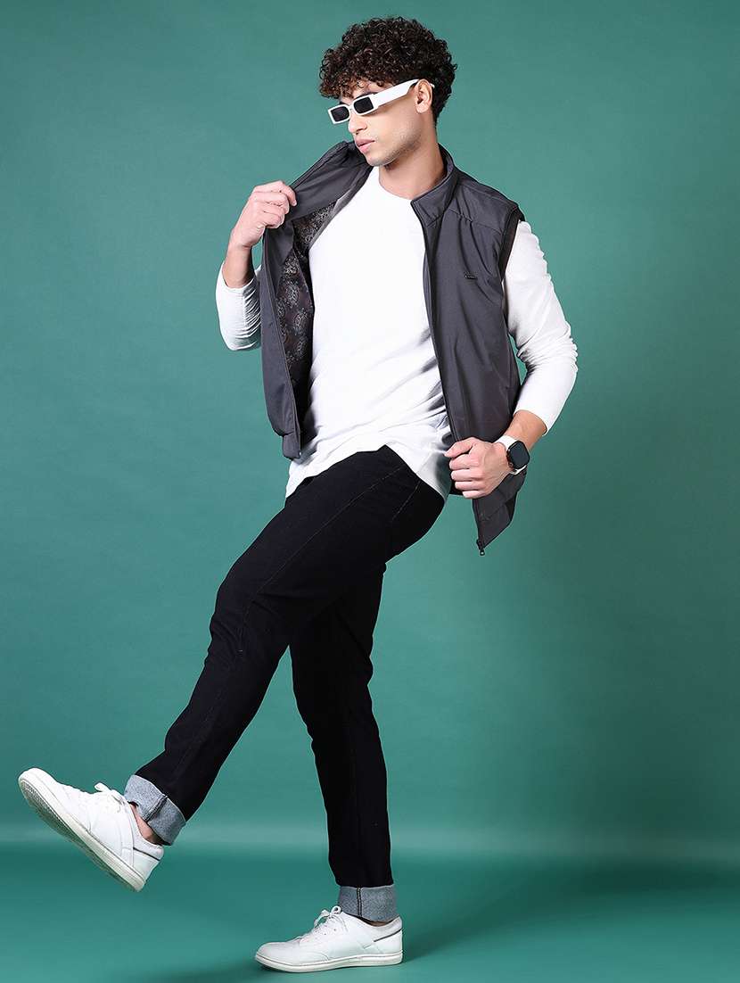 men grey solid sleeveless bomber jacket - 21628962 -  Standard Image - 4