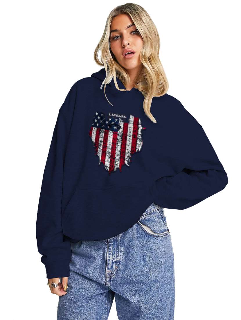 women printed hood neck oversized long sleeve sweatshirt