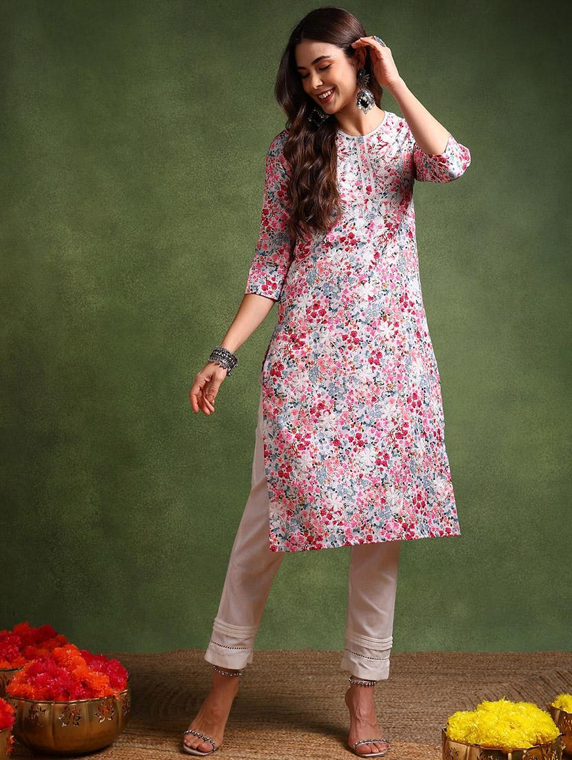 women floral three quarter sleeve straight kurta - 21629581 - Standard Image - 1
