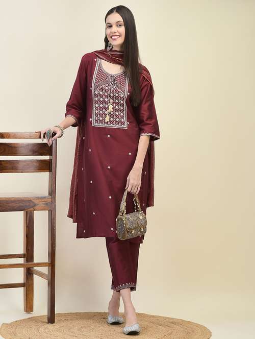 women three quarter sleeve kurta pant with dupatta set - 21629655 -  Standard Image - 0