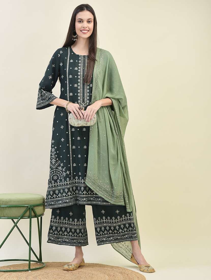 women three quarter sleeve kurta palazzo with dupatta set