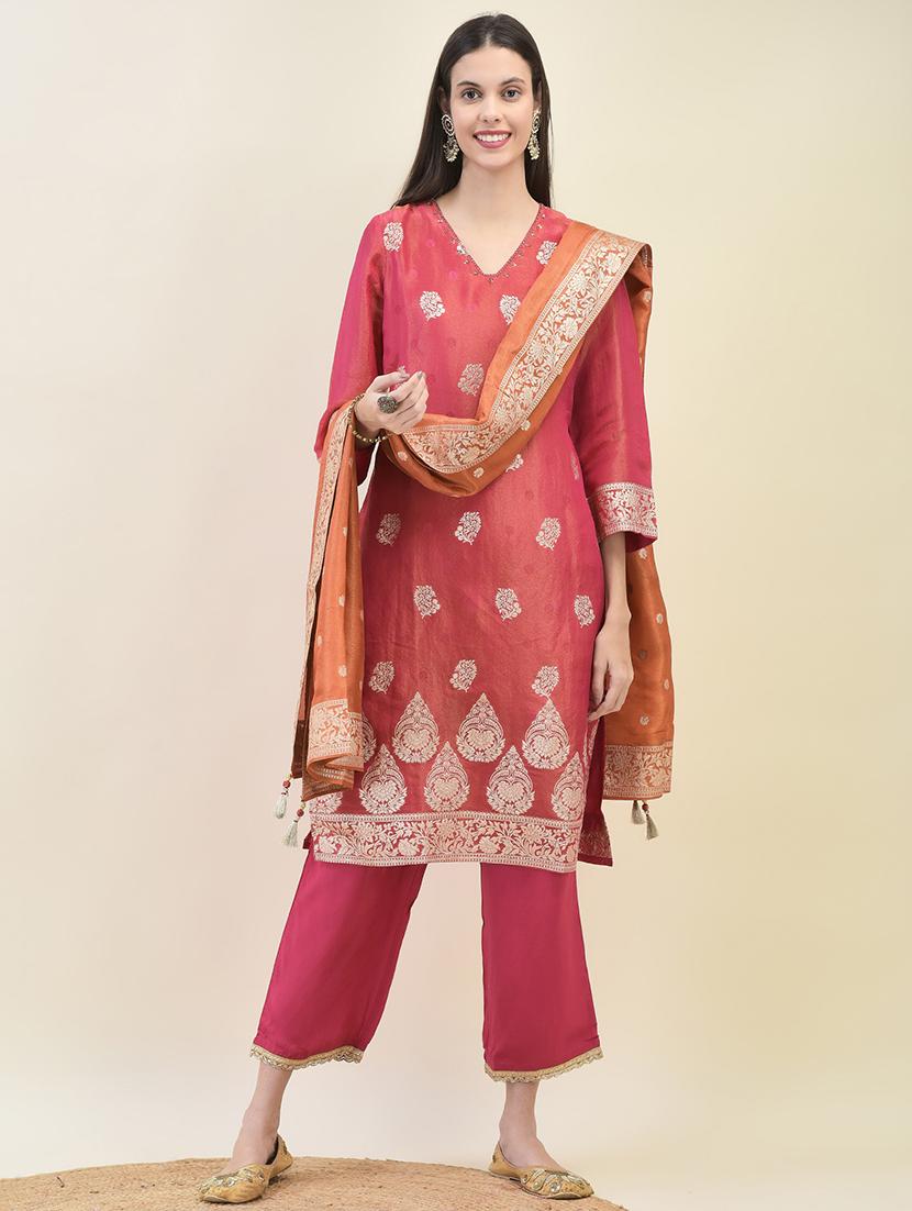 women three quarter sleeve kurta pant with dupatta set - 21629692 - Standard Image - 1