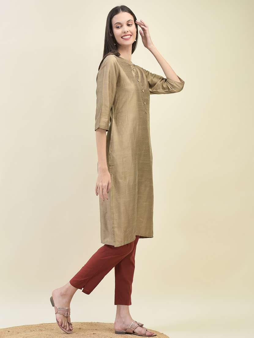 women solid three quarter sleeve straight kurta - 21629733 -  Standard Image - 1