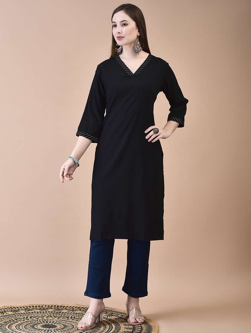 women solid three quarter sleeve straight kurta - 21629737 - Zoom Image - 0