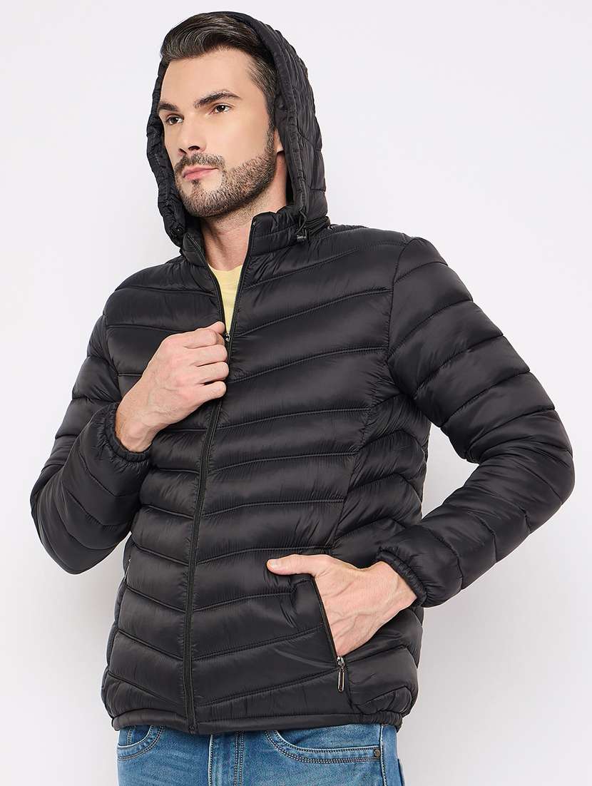 men solid hood neck quilted jacket - 21630003 -  Standard Image - 1