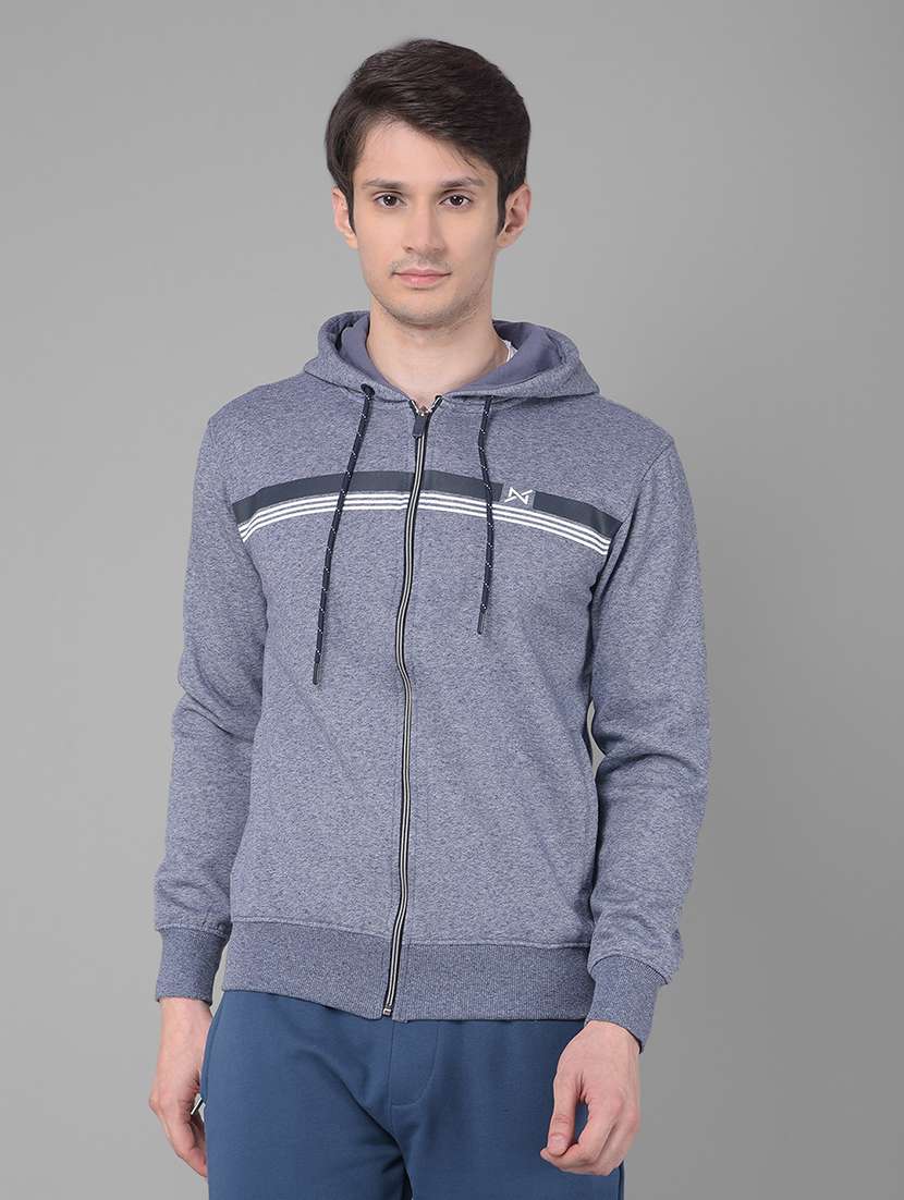 men navy blue long sleeve regular fit hooded sweatshirt