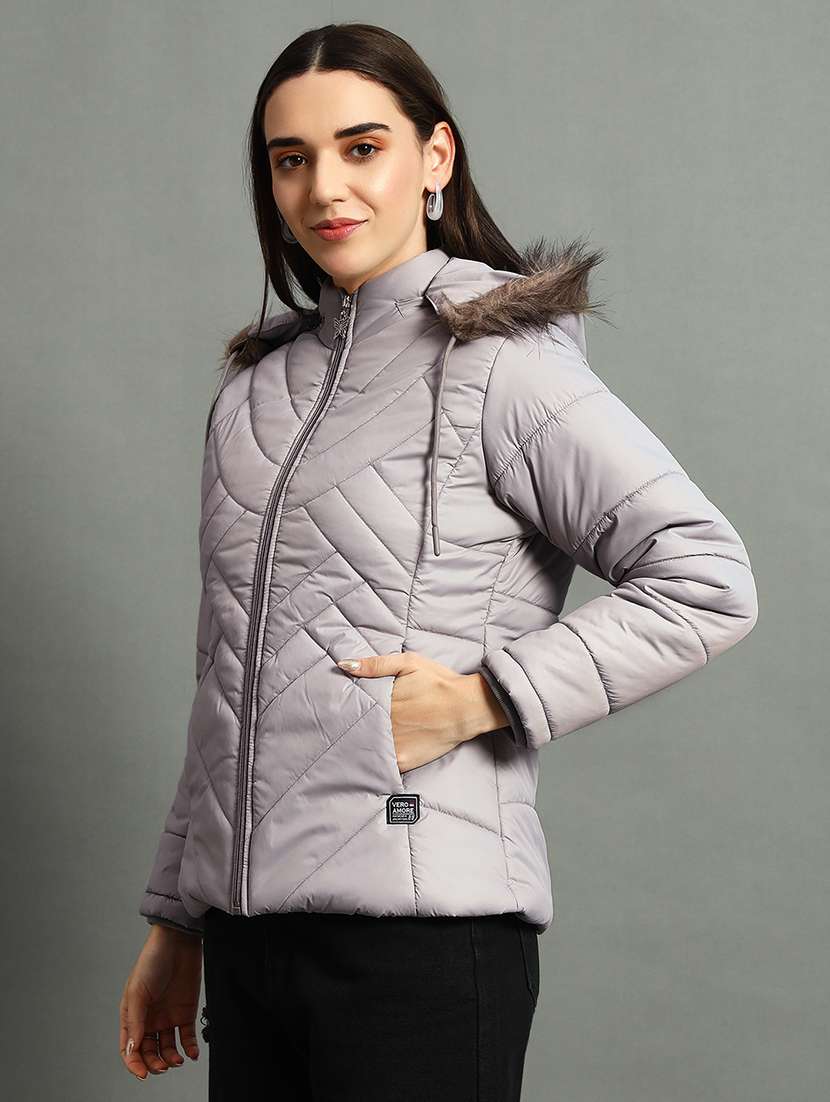 women solid fur hood quilted jacket - 21630374 -  Standard Image - 1