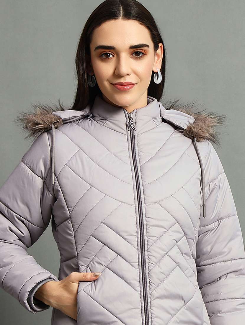 women solid fur hood quilted jacket - 21630374 -  Standard Image - 4