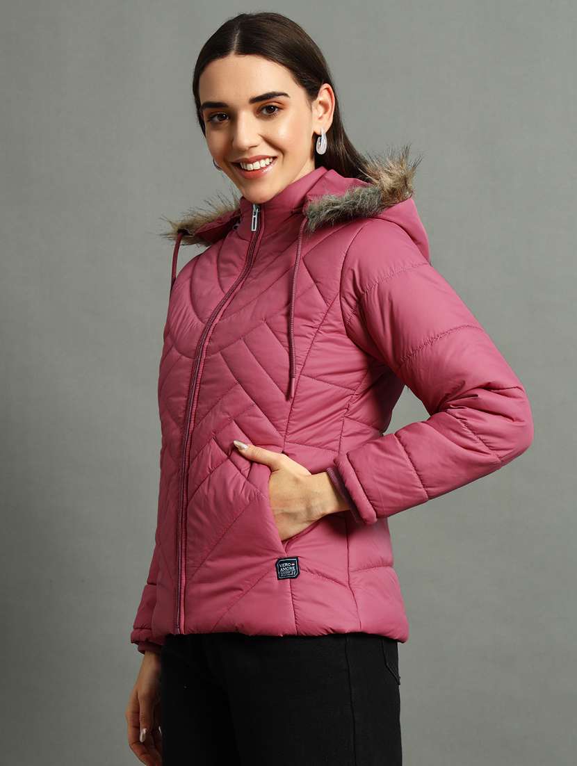 women solid fur hood quilted jacket - 21630375 -  Standard Image - 1