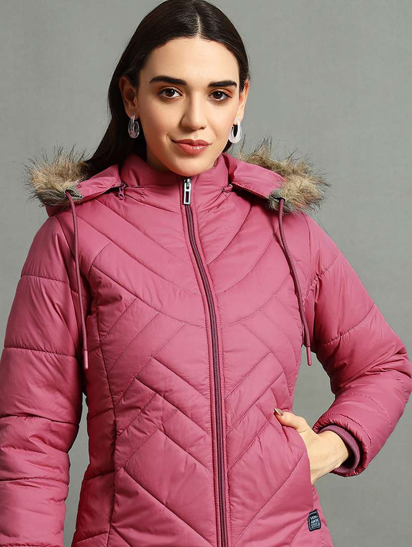 women solid fur hood quilted jacket - 21630375 -  Standard Image - 4