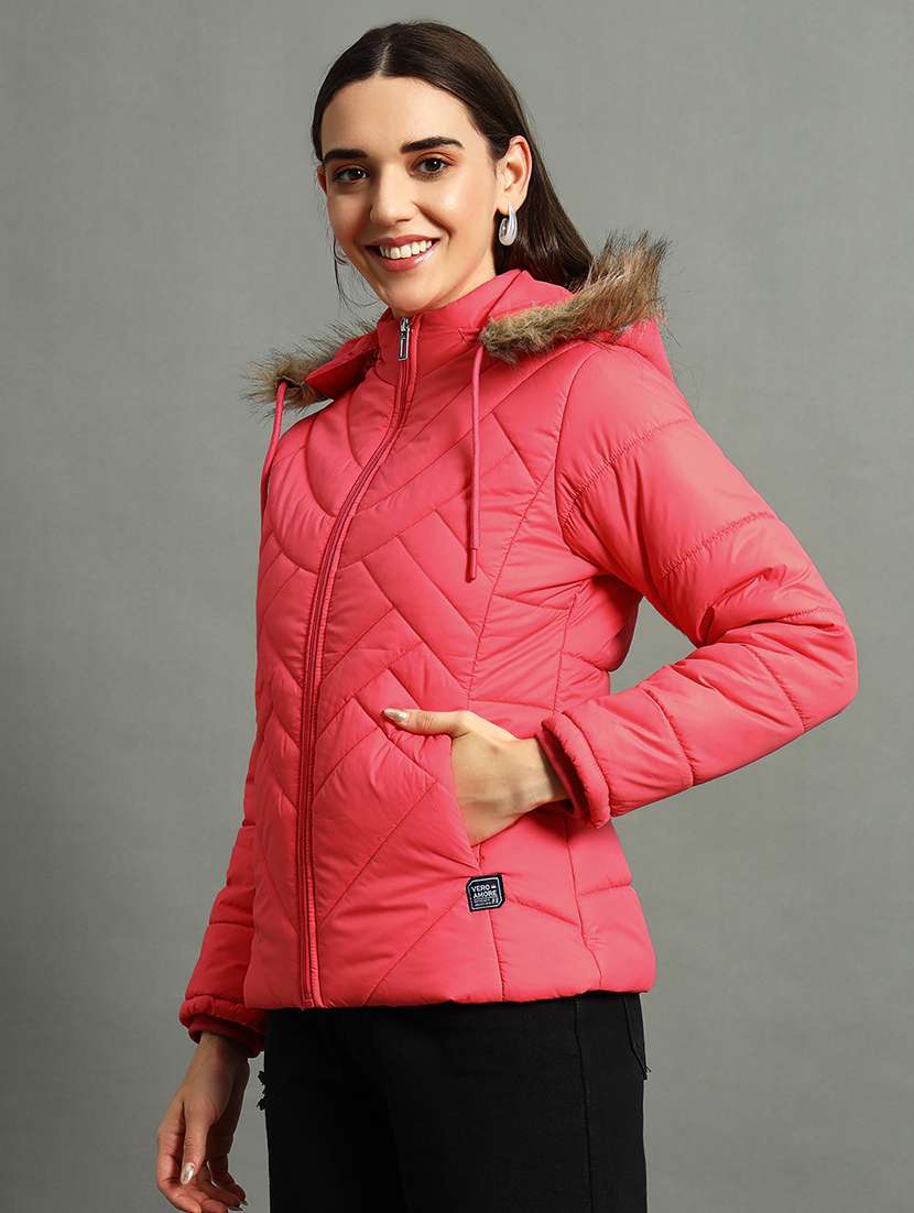 women solid fur hood quilted jacket - 21630376 -  Standard Image - 1