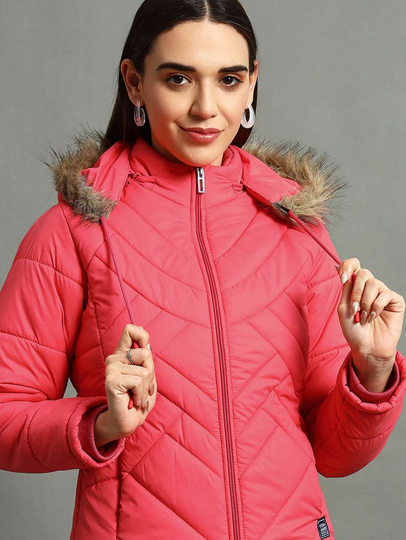 women solid fur hood quilted jacket - 21630376 -  Standard Image - 4