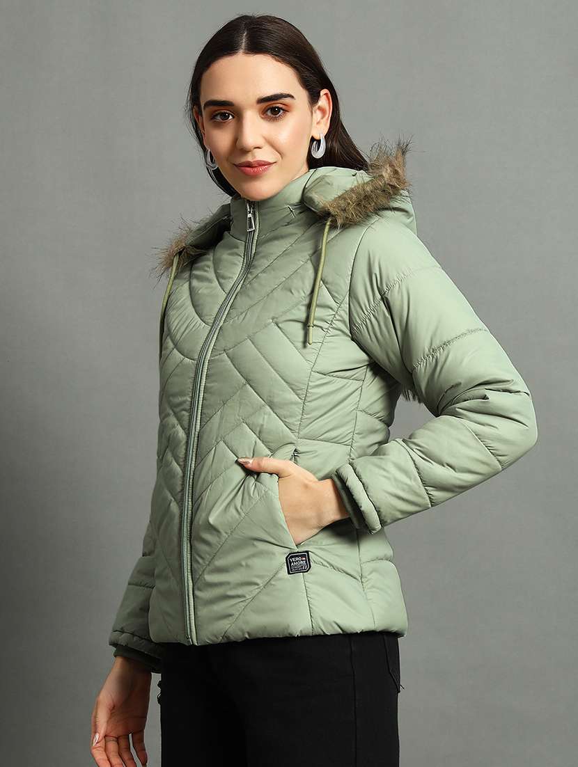 women solid fur hood quilted jacket - 21630377 -  Standard Image - 1