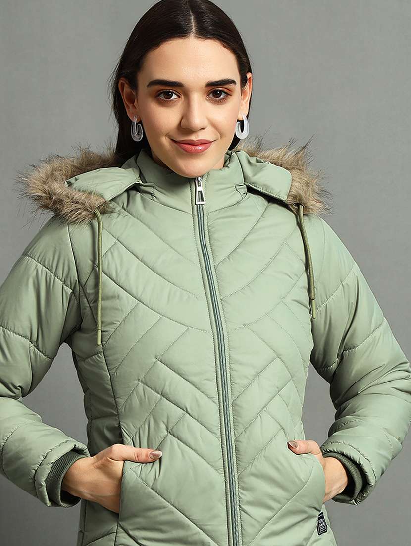 women solid fur hood quilted jacket - 21630377 -  Standard Image - 4
