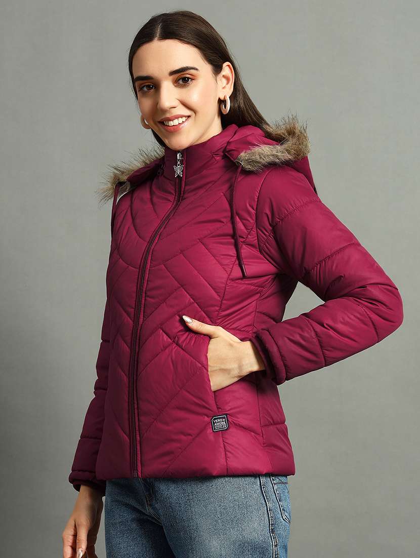 women solid fur hood quilted jacket - 21630379 -  Standard Image - 1