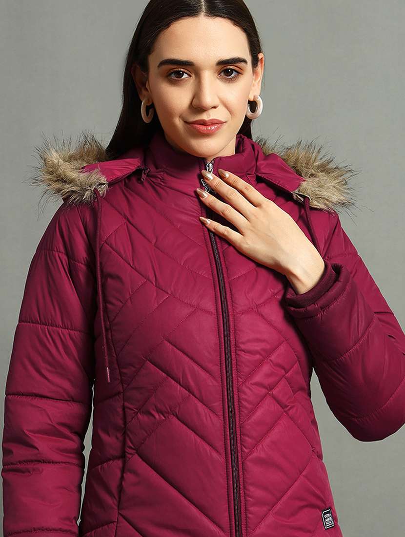 women solid fur hood quilted jacket - 21630379 -  Standard Image - 4