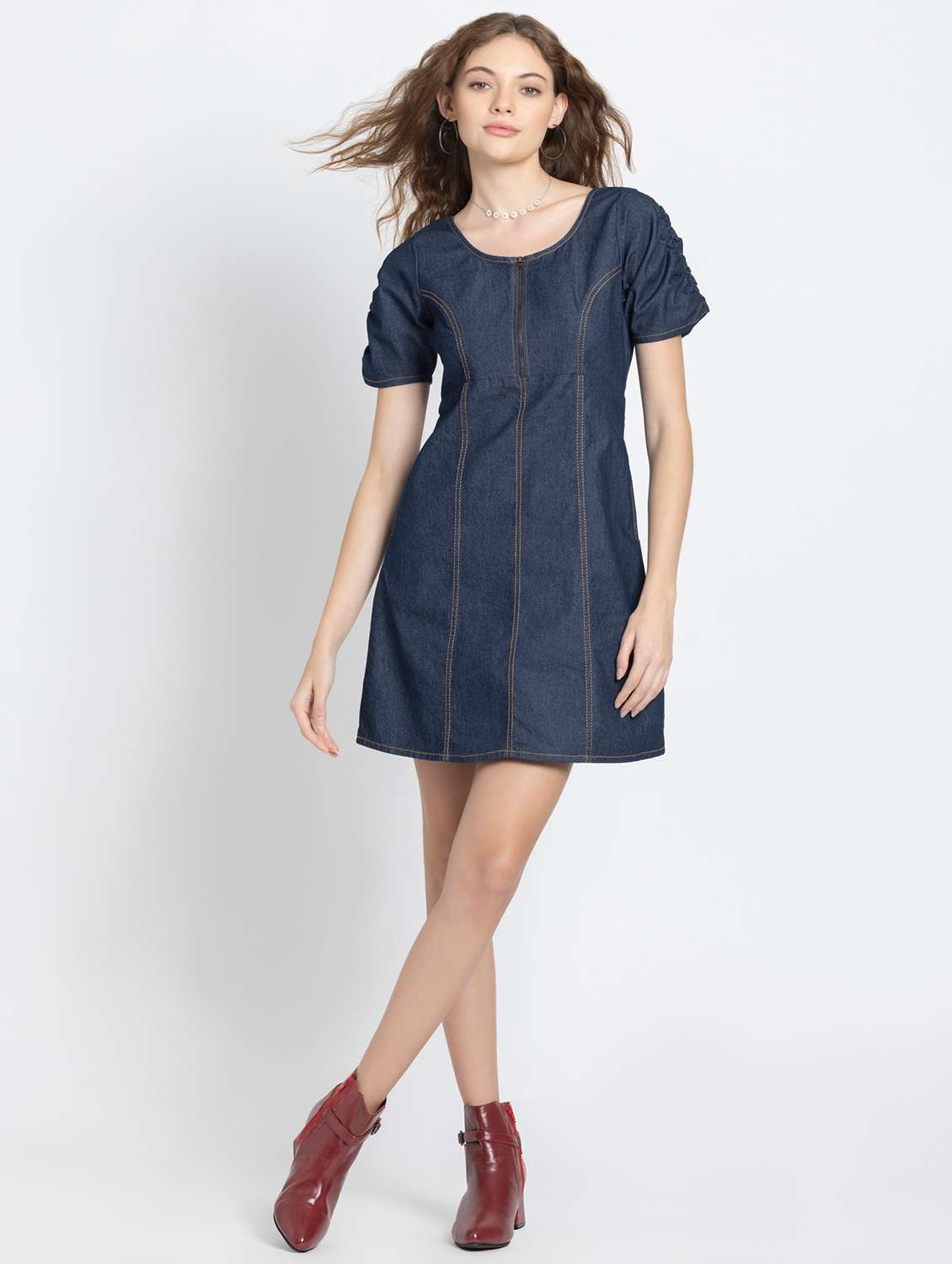 women solid denim a-line dress - 21630537 - Standard Image - 1