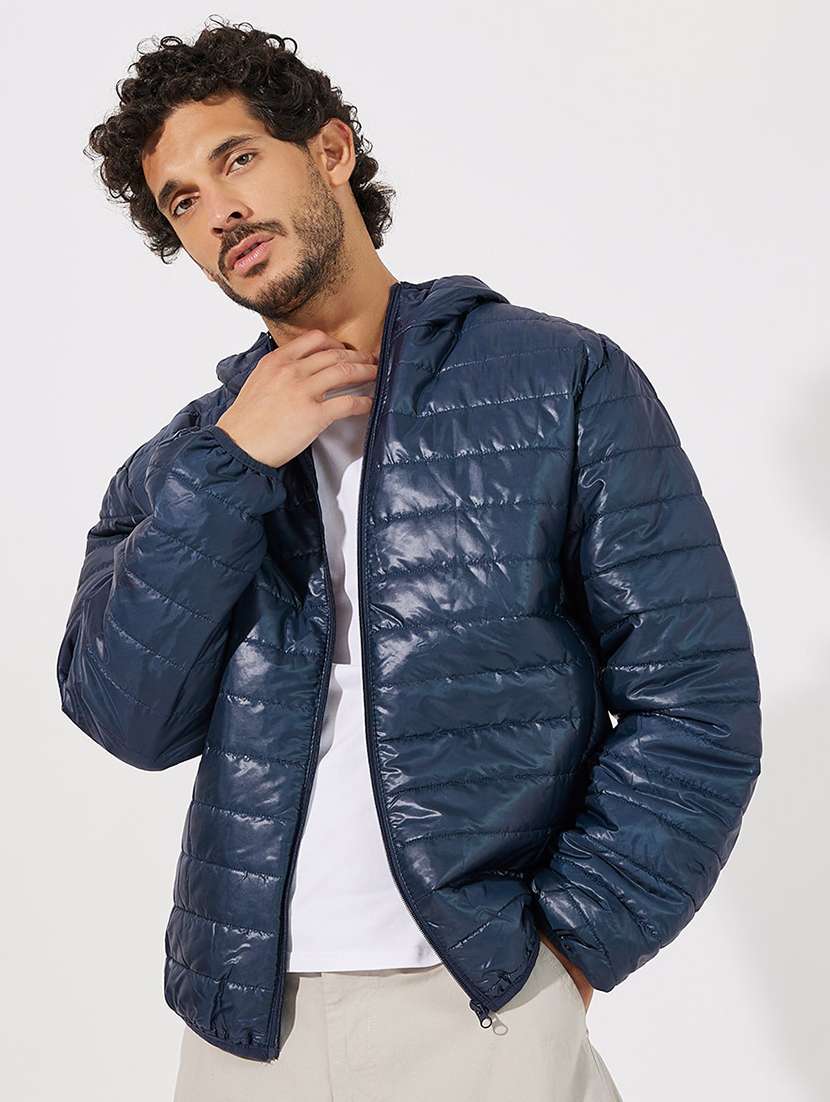 men solid hood neck quilted jacket - 21630611 -  Standard Image - 1