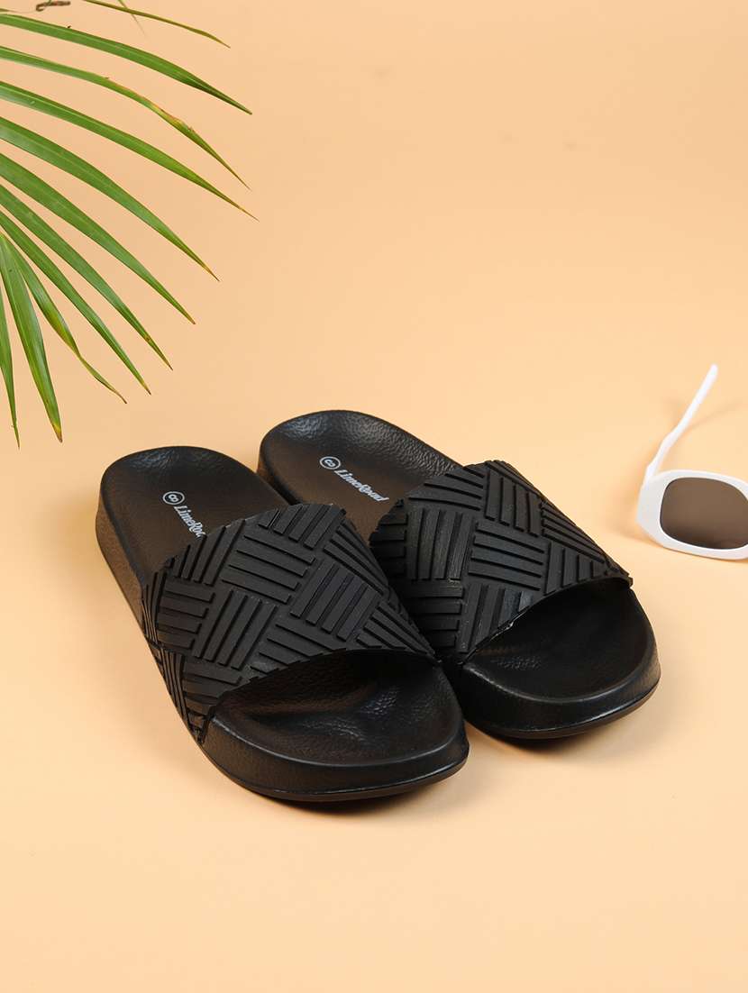 women black solid slip on slides