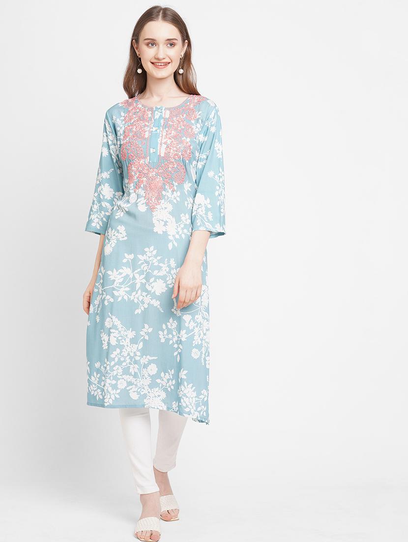 women floral round neck straight kurta - 21631316 - Standard Image - 4