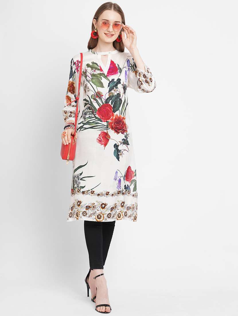 women floral key hole neck straight kurta - 21631320 - Standard Image - 4