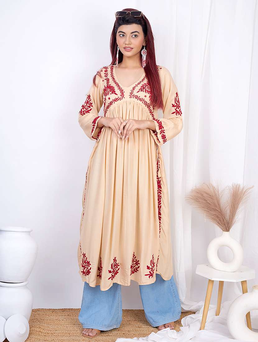 women beige chikankari work flared kurta